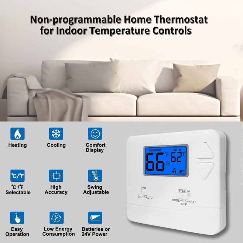 Miuputake NonProgrammable Thermostat for Home, Digital Energy-Saving Thermostat,Single-Stage Systems, 1 Heat/1 Cool, Easy DIY Install, Blue Backlight - Image 2